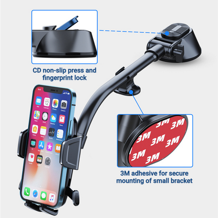 LS-30 Support de voiture universel pour tableau de bord et pare-brise à bras long pour iPhone et Samsung, noir