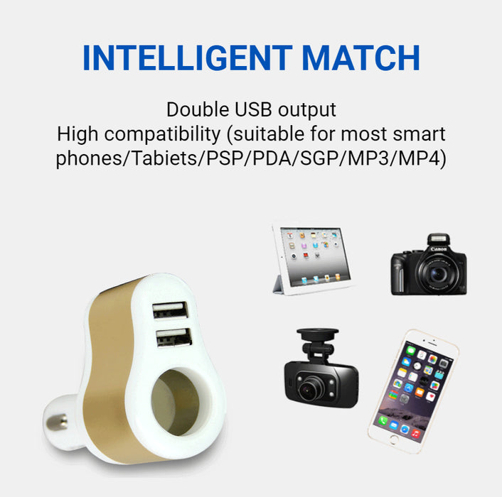 3 in 1 Car Cellphone Charger (2 USB Type A Ports & Cigarette Lighter) - Black