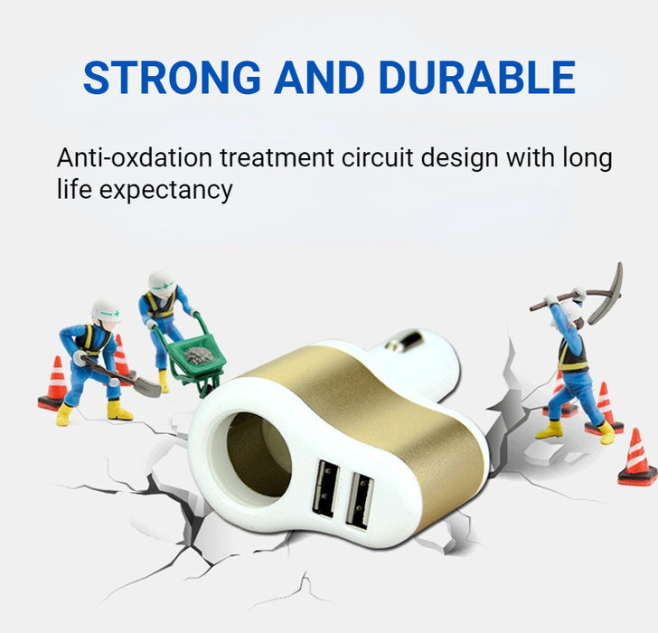 3 in 1 Car Cellphone Charger (2 USB Type A Ports & Cigarette Lighter) - Black