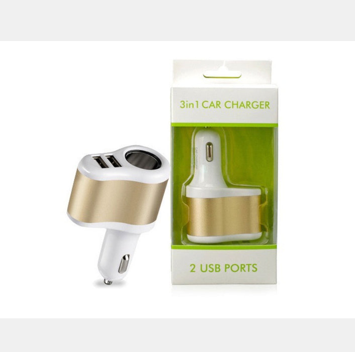 3 in 1 Car Cellphone Charger (2 USB Type A Ports & Cigarette Lighter) - Black
