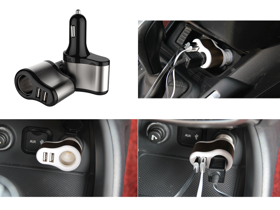 3 in 1 Car Cellphone Charger (2 USB Type A Ports & Cigarette Lighter) - Black