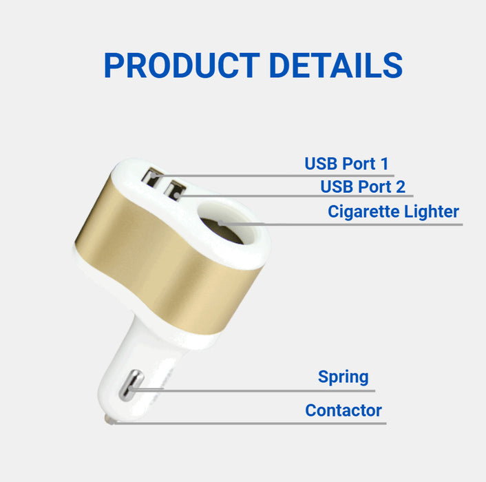 Chargeur de téléphone portable 3 en 1 pour voiture (2 ports USB de type A et allume-cigare)