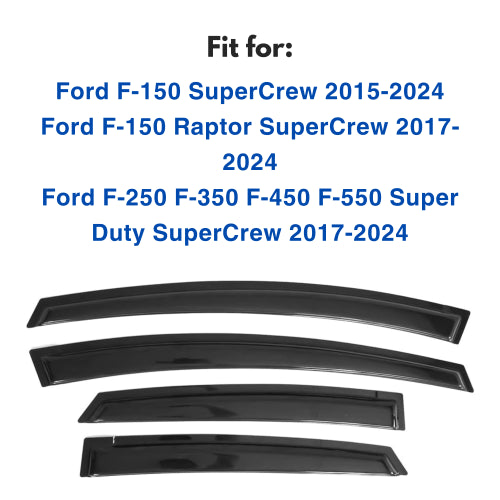 Window Visors for Ford F-150 SuperCrew 2015-2024 & Ford F-150 Raptor SuperCrew 2017-2024 & Ford F-250 F-350 F-450 F-550 Super Duty SuperCrew 2017-2024, 4-Piece
