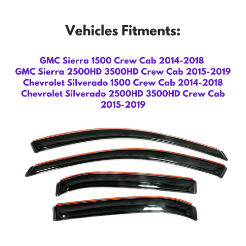 Window Visors for GMC Sierra 1500 Crew Cab 2014-2018 & GMC Sierra 2500HD 3500HD Crew Cab 2015-2019 & Chevrolet Silverado 1500 Crew Cab 2014-2018 & Chevrolet Silverado 2500HD 3500HD Crew Cab 2015-2019, 4-Piece